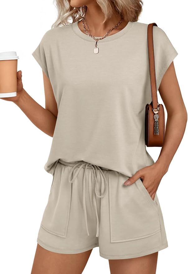Women’s Casual 2-Piece Set – Short Sleeve Top & Drawstring Shorts